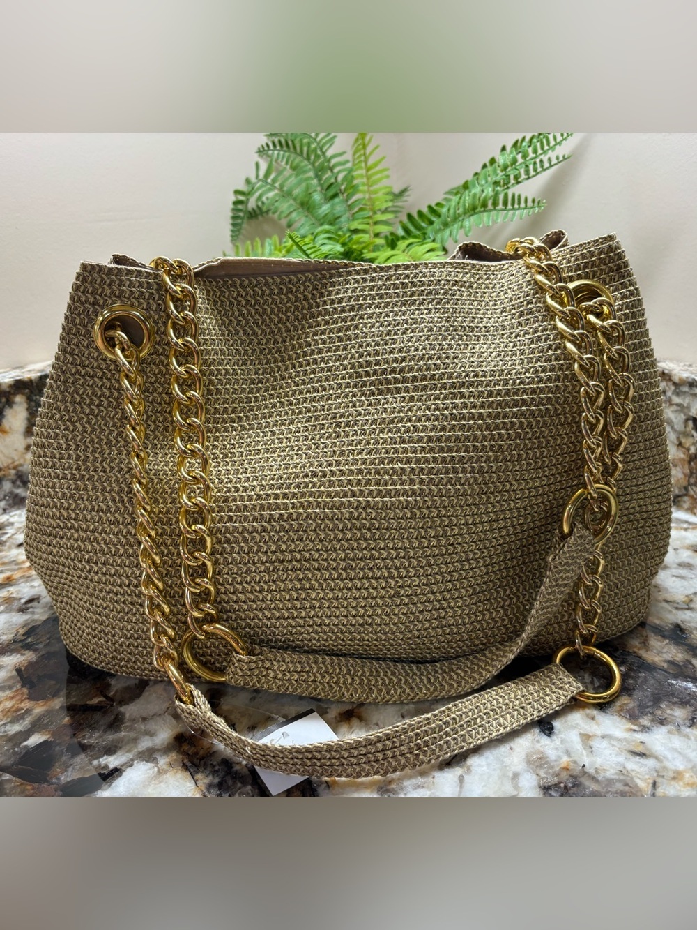 Woven Tote Bag with Gold Chain Straps